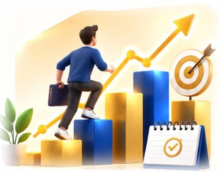 Pessoa subindo degraus de barras em direção a um alvo, ao lado de um calendário com a data marcada.